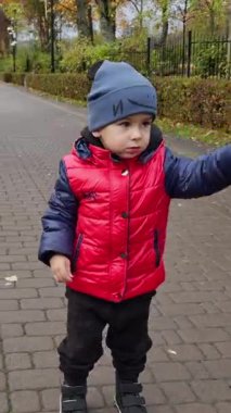 Beyaz, sevimli, sıcacık elbiseli bir çocuk parkta yürüyor. Sonbaharda açık hava. Dikey video