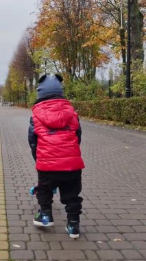 Sıcak kıyafetler giyen güzel bir çocuk dışarıda bir oyuncakla oynuyor. Sonbaharda güzel parkta yürüyüş. Düşük açı. Dikey video