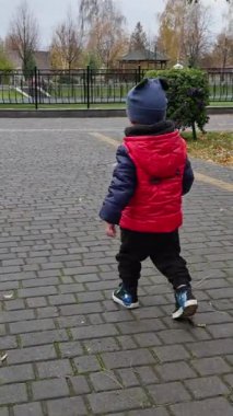 Arka tarafta kırmızı ceketli bir çocuk sokakta yürürken görülüyor. Sonbaharda temiz havada tatlı bir çocuk. Dikey video