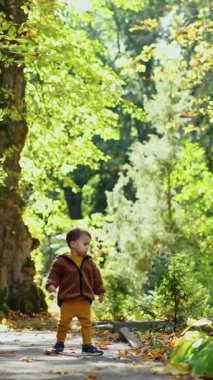 Kahverengi ceketli küçük çocuk parktaymış. Kameraya doğru koşan sevimli bir bebek. Güneşli bir arkaplan. Dikey video