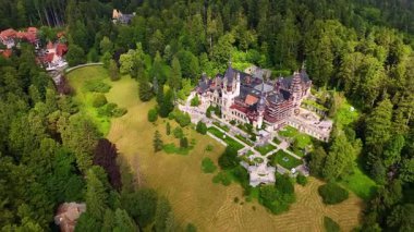 Büyüleyici Pele 'nin etrafında çam ağaçları mı yetişiyor? Romanya 'nın Karpat Dağları' ndaki Kale. İnsansız hava aracı görüntüleri gündüz vakti ünlü şehir simgesinden uzaklaşıyor.