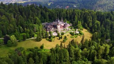 Romanya 'nın Karpat Dağları' ndaki Peles Kalesi 'nin çarpıcı manzarası. Pek çok turist, kentin simgesine girmek için sıralarının gelmesini bekliyor. Hava görünümü.