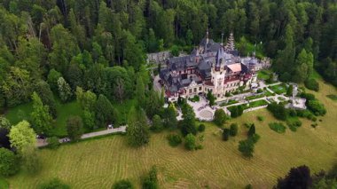Pele 'nin muhteşem manzarası mı? Romanya 'nın Karpat Dağları' ndaki Kale. Zengin yeşillikte ünlü bir turizm merkezi. İnsansız hava aracı görüntüleri.