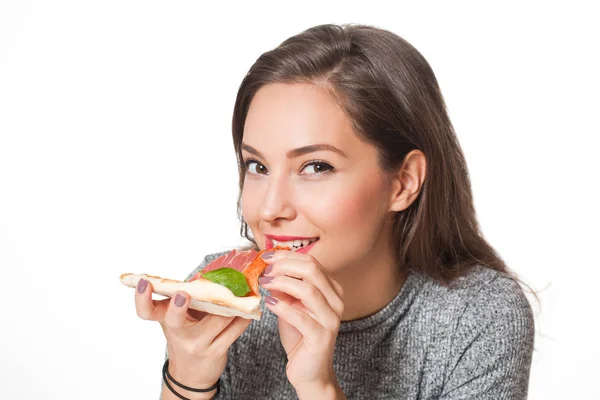 Beautiful Young Brunette Woman Eating Italian Meal — Stock Photo, Image