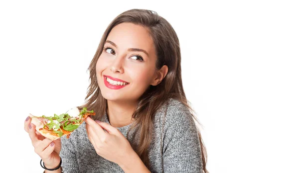 Όμορφη Νεαρή Γυναίκα Μελαχρινή Τρώει Ιταλικό Γεύμα — Φωτογραφία Αρχείου
