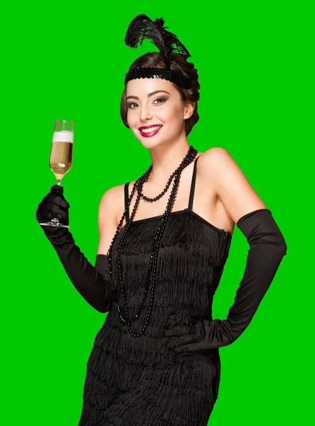 Porträtt 20S Stil Festliga Skönhet Med Glas Champagne — Stockfoto