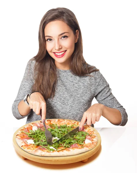 Bela Jovem Morena Mulher Comer Italiano Refeição — Fotografia de Stock