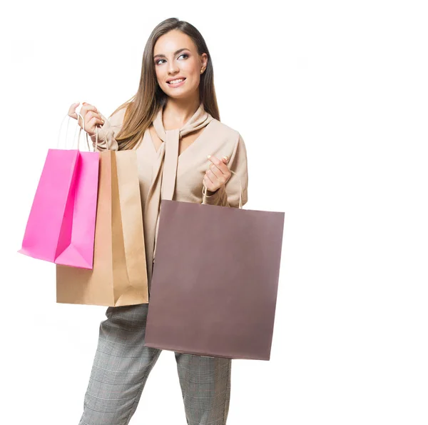 Hermosa Joven Morena Con Bolsa Aislada Sobre Fondo Blanco — Foto de Stock