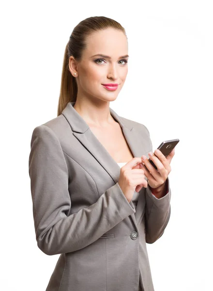 Portret Atrakcyjnej Młodej Bizneswoman Korzystającej Smartfona — Zdjęcie stockowe