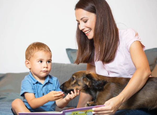 Portret Van Moeder Baby Met Hun Huisdier Hond Echte Familie — Stockfoto