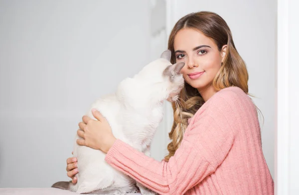 Retrato Uma Jovem Morena Linda Com Seu Gato — Fotografia de Stock