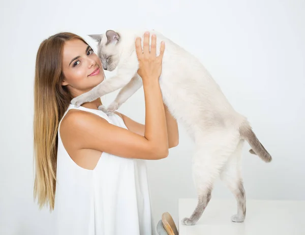 Hermosa Morena Amando Gato — Foto de Stock