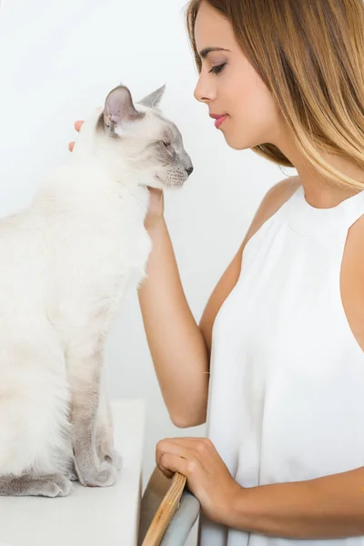 Hermosa Morena Amando Gato —  Fotos de Stock