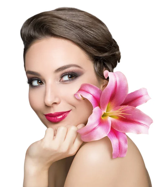 Portrait Brunette Beauty Holding Colorful Flower — Stock Photo, Image