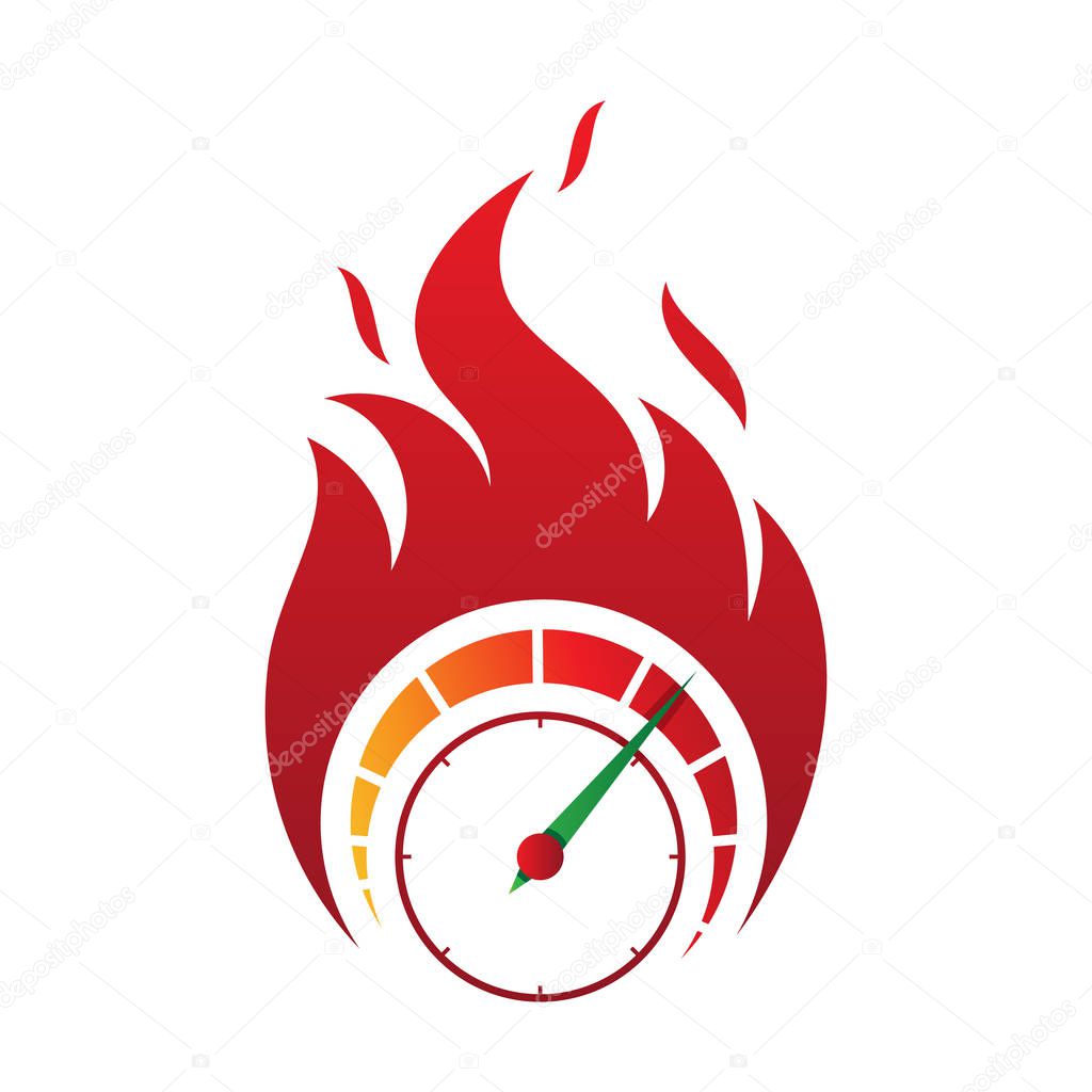 Flaming speed gauge vector icon in abstract style on the white b