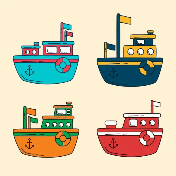 A collection colorful design flat ship cartoon icon symbol — Stock Vector