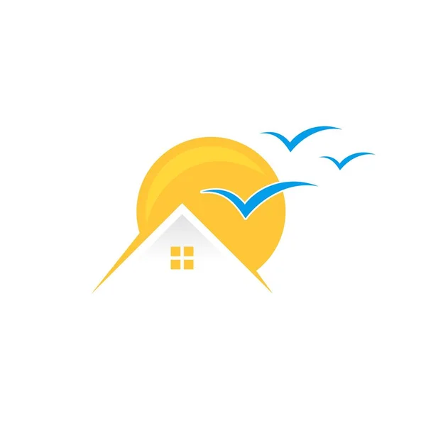 Criativa, colorido e divertido sol em casa com pássaro azul isolado ícone de verão — Vetor de Stock