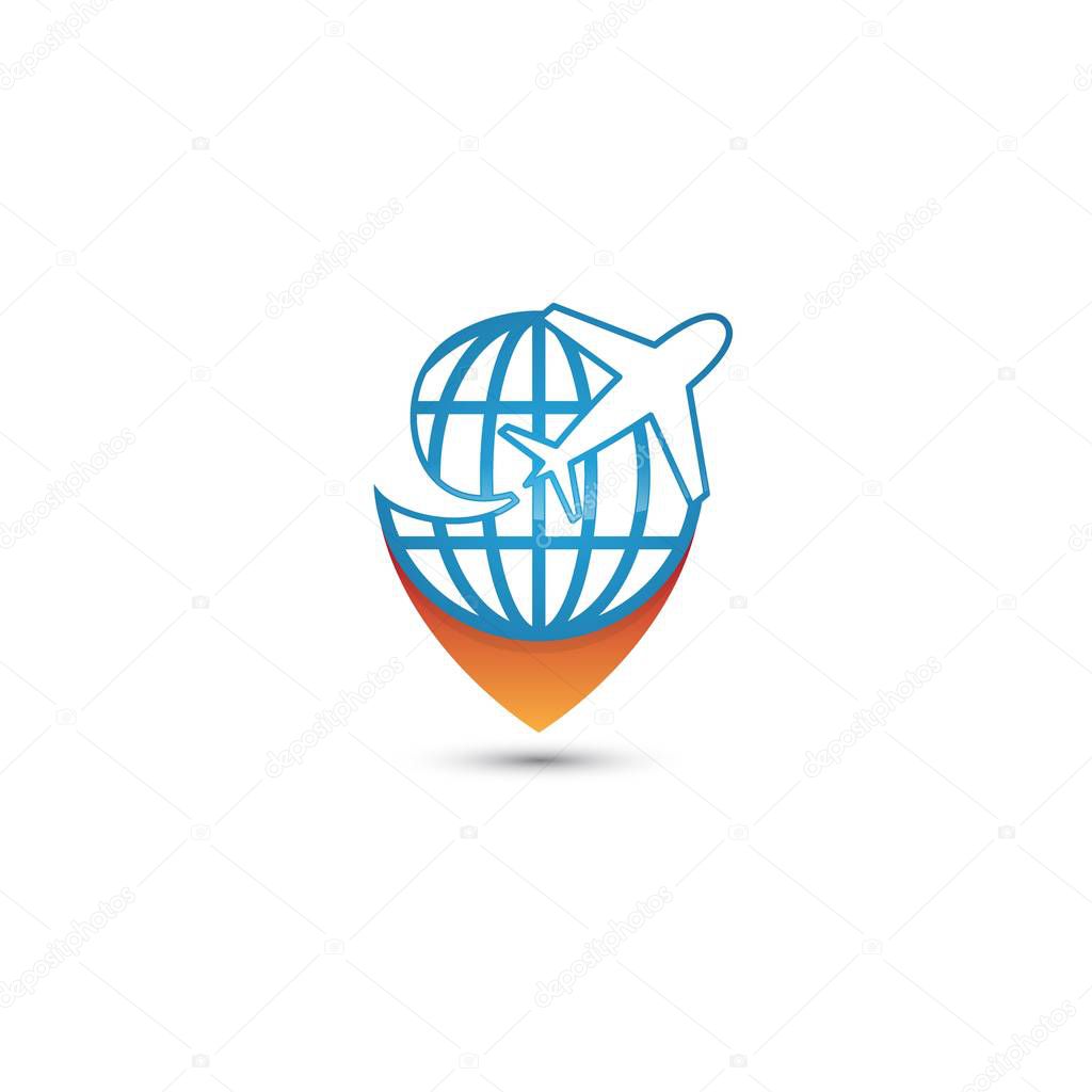 Vector travel agency icon design idea with globe pin and airplane