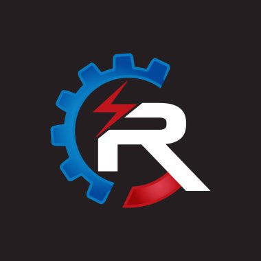 Teçhizatlı R harfi ve element tasarım sembolü için gök gürültüsü. Sanayi sembolü tasarımı. Vektör illüstrasyon EPS.8 EPS.10