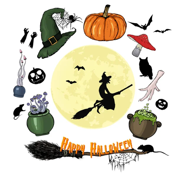 Boldog Halloween Grafikai Készlet Gyűjtemény Halloween Boszorkány Attribútumok Hátborzongató Kísérteties — Stock Vector