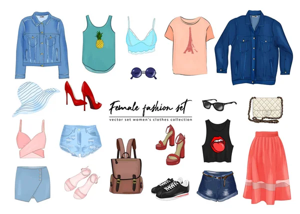 Ensemble Mode Féminine Ensemble Vectoriel Dessiné Main Collection Vêtements Pour — Image vectorielle