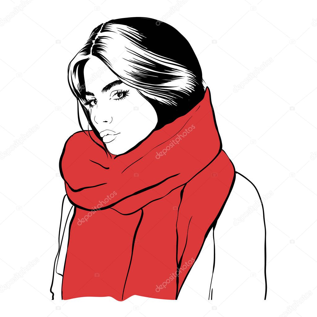 Beautiful young woman in a red scarf. Hand drawn stylish woman portrait. Fashion lady. Autumn outfit. Sketch.