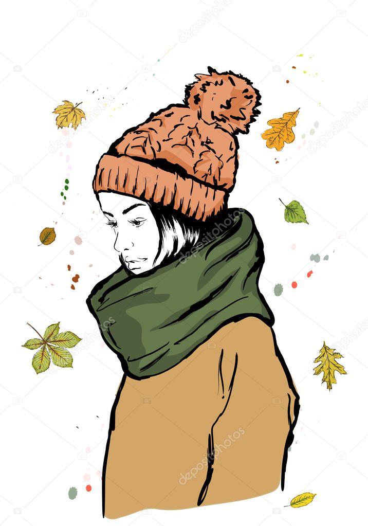 Portrait of a fashion young beautiful stylish girl in autumn hat. Model in the style of Casual. Sketch. Hand drawn vector illustration.
