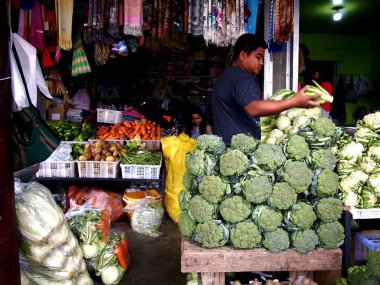 Baguio City, Benguet Eyaleti, Filipinler - 7 Haziran 2018: Taze sebze ekranda yerel meyve ve sebze deposu