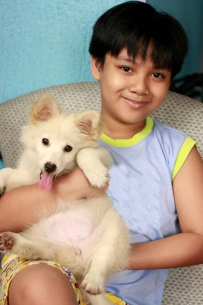 Genç yakışıklı Asyalı çocuk sevimli bir beyaz köpek yavrusu taşıyan — Stok fotoğraf