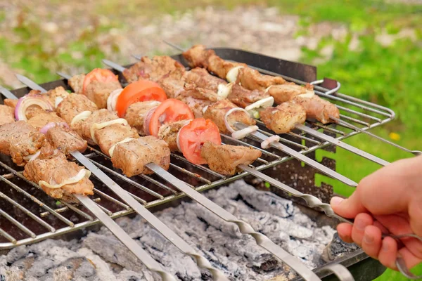 Řádku Kousky Masa Jehle Jsou Pečený Grilu Pod Širým Nebem — Stock fotografie