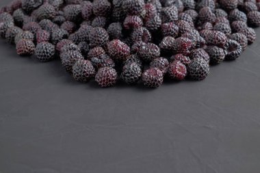 Olgun doğal siyah Ahududu koyu arka plan üzerine yığını. Yakın çekim görünümü. Metin için yer kopyalayın