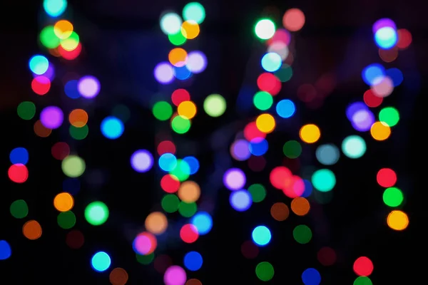Luzes Festivas Desfocadas Fundo Preto Cenário Colorido Para Natal — Fotografia de Stock