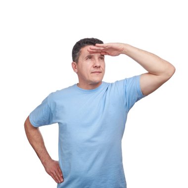 İzole arka plan uzakta el ile üzerine kafa seyir yetişkin beyaz adam. Arama kavramı.