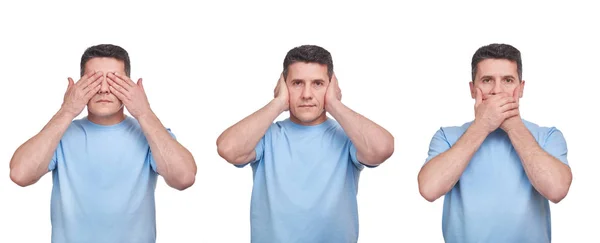 hiçbir şey, hiçbir şey duymuyorum, hiç bir şey söyleme kavramı. üç yetişkin orta yaşlı erkeklerde mavi t-shirt üzerinde beyaz izole. duygusal küme