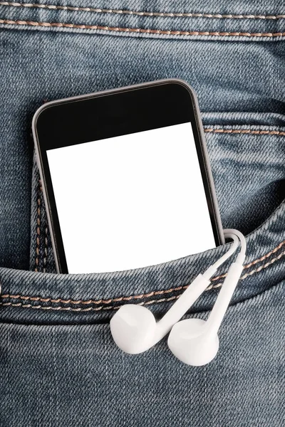 Mock up with modern  smartphone and earphones in jeans pocket.