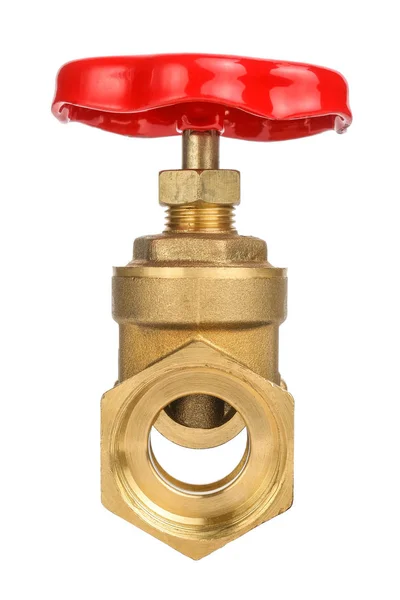 Mosazný ventil s červeným regulačním kolečkem izolovaný na bílém pozadí, zaostřená — Stock fotografie