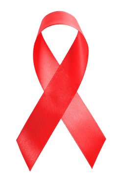 Kırmızı kurdele beyaz arkaplanda izole edilmiş. 1 Aralık Dünya Yardım Günü, HIV kampanyası.