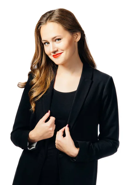 Young Beautiful Brown Haired Woman Black Dress Jacket Looks Camera — Stock Photo, Image