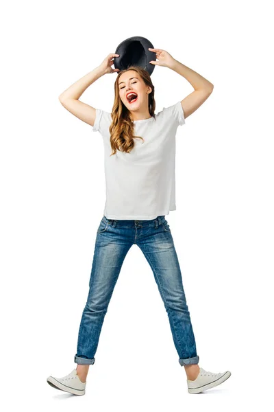 Young Cheerful Girl Jeans White Shirt Sneakers Holding Hat Both — Stock Photo, Image