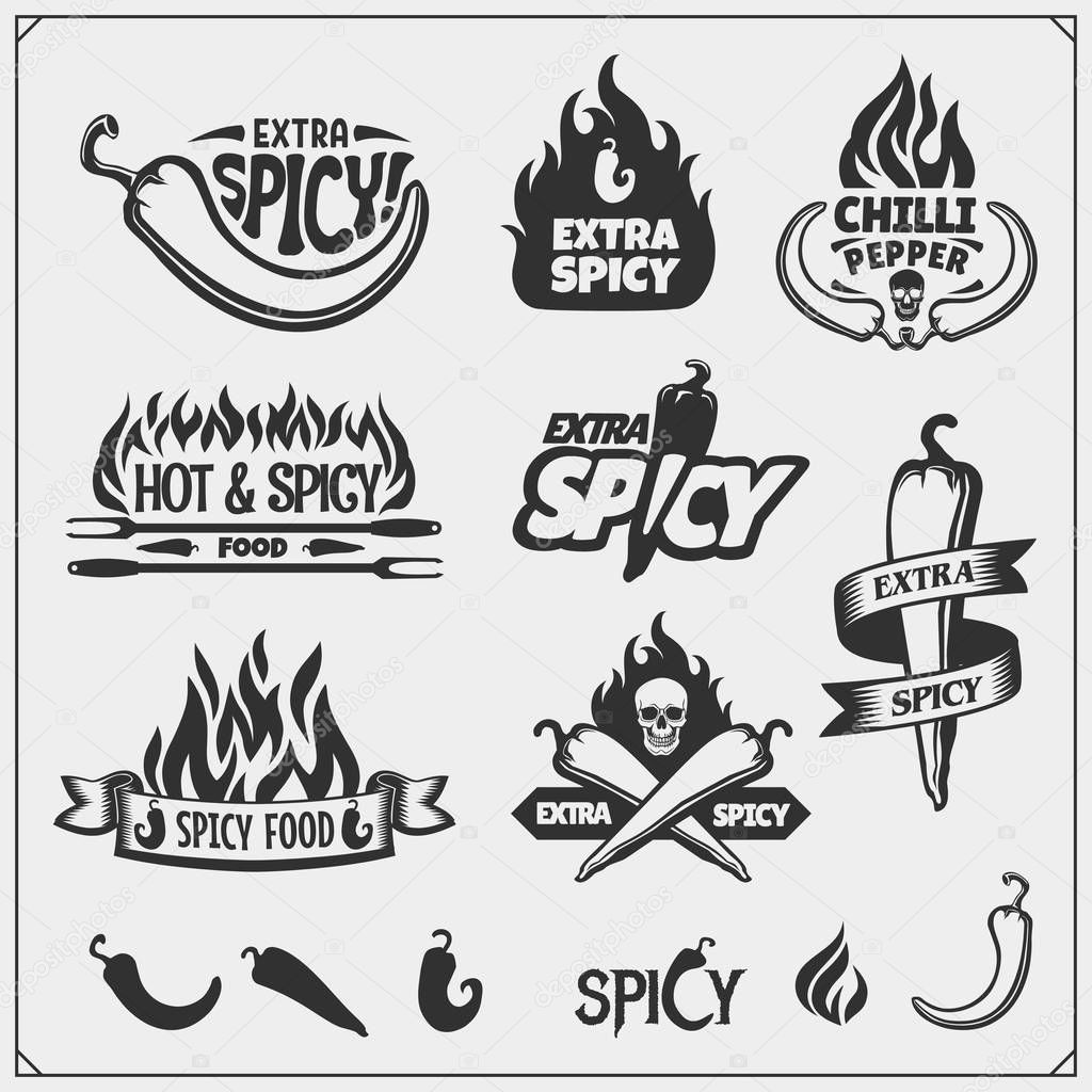 Chili pepper set. Pepper icons, emblems and design elements.