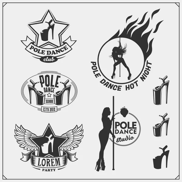 Set Strip Plastic Pole Dance Emblems Labels Design Elements Girls — Stock Vector