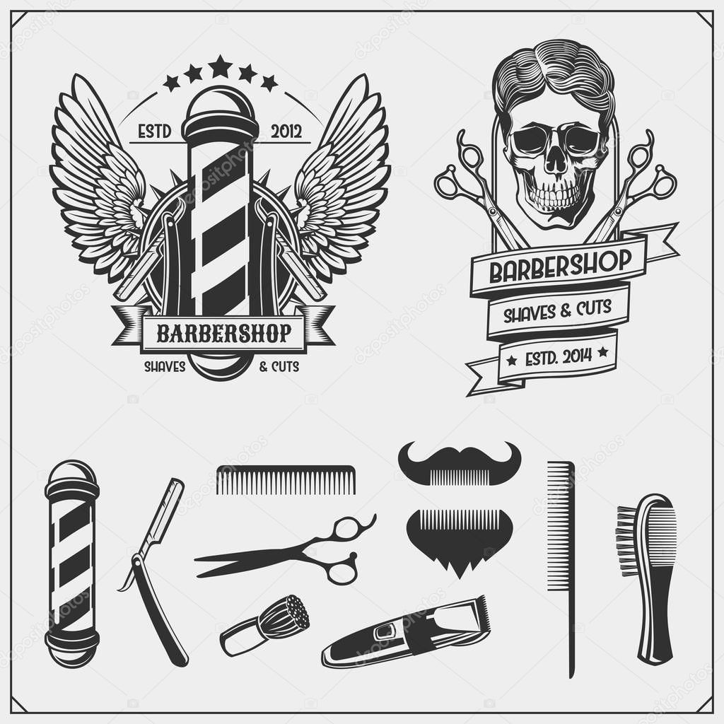 Set of vintage Barber shop labels, badges, emblems and design elements.