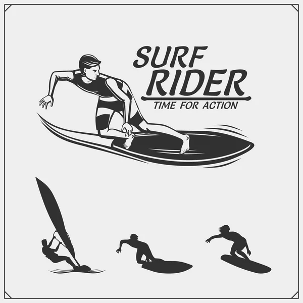 Conjunto Emblemas Surf Etiquetas Insignias Elementos Diseño Surf — Archivo Imágenes Vectoriales