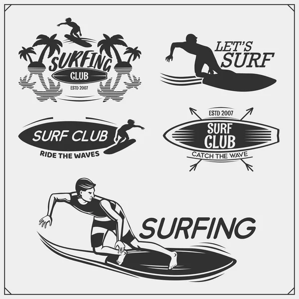 Conjunto Emblemas Surf Etiquetas Insignias Elementos Diseño Surf — Archivo Imágenes Vectoriales