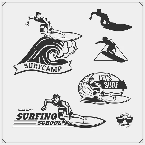 Conjunto Emblemas Surf Etiquetas Insignias Elementos Diseño Surf — Archivo Imágenes Vectoriales