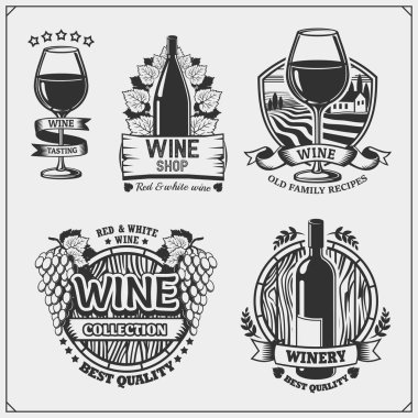 Şarap dükkanı vintage Amblemler, etiketleri, rozetleri ve tasarım öğeleri koleksiyonu.