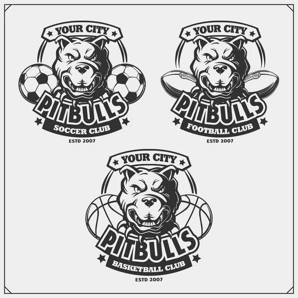 Logos Étiquettes Basketball Soccer Football Emblèmes Clubs Sportifs Avec Pitbull — Image vectorielle