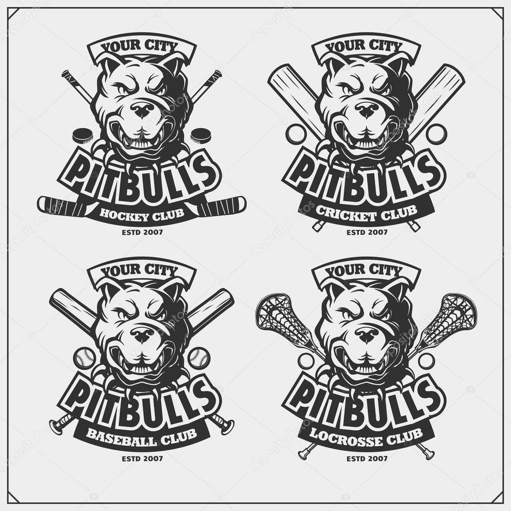 Cricket, baseball, lacrosse and hockey logos and labels. Sport club emblems with pitbull.