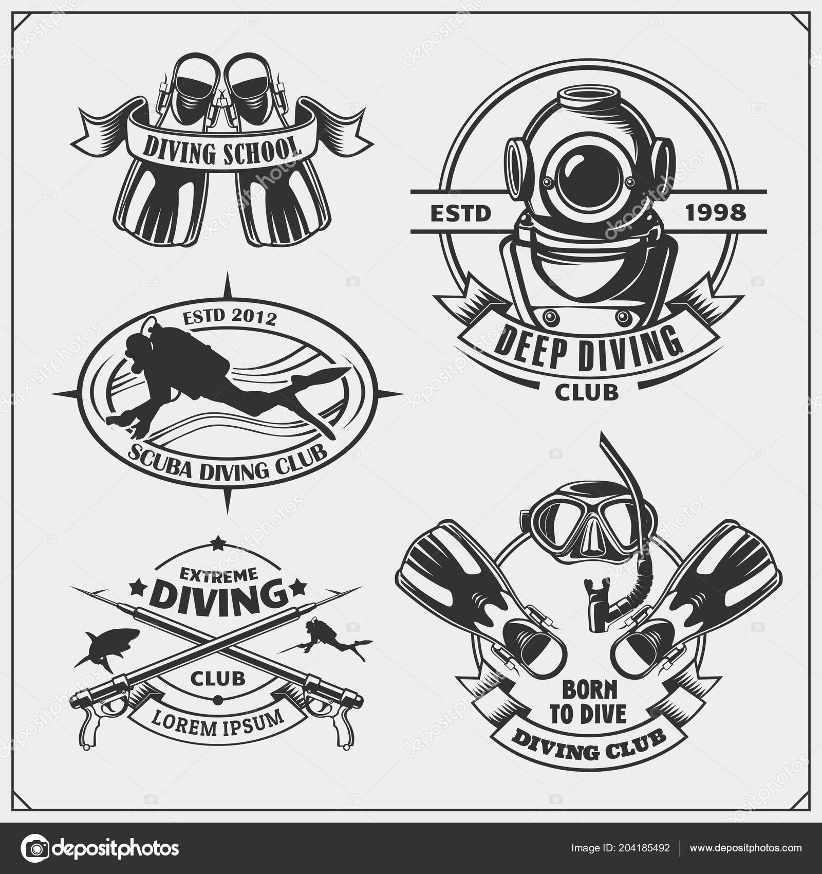 Set Scuba Diving Emblems Underwater Swimming Spearfishing Labels Logos Design — Stock Vector