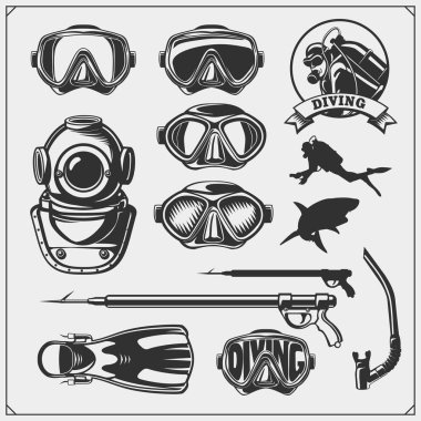 Scuba diving Amblemler kümesi. Sualtı yüzme ve balık avı etiket, logo ve tasarım öğeleri.